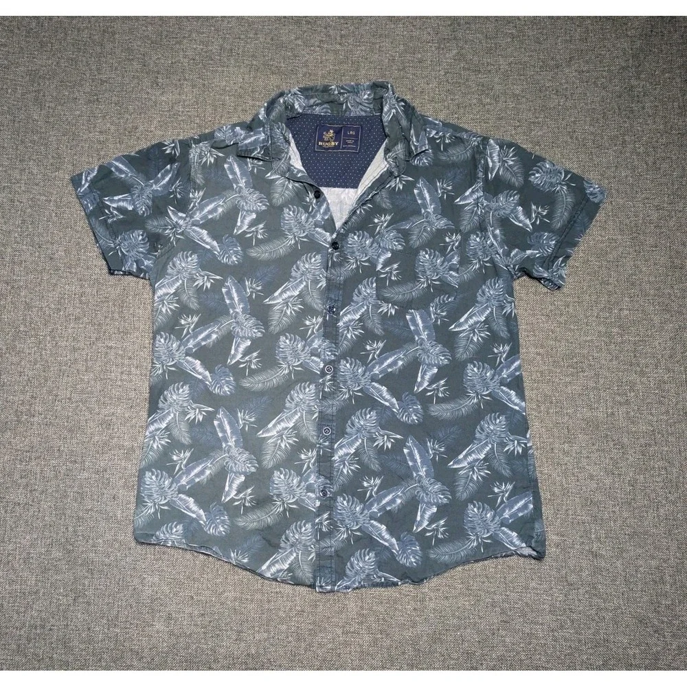 Rugby University Large Short Sleeve Button Up Shirt Plant Design Multicolor Polo